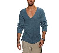 Pull décontracté pour homme à manches longues et col en V profond pour le printemps et l'automne, bleu, S