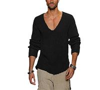 Pull décontracté pour homme à manches longues et col en V profond pour le printemps et l'automne, Noir , S
