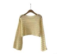 Pull d'été à manches longues en crochet pour femme - Cache-maillot de plage décontracté à col rond - Tissu extensible de couleur unie pour les vacances, les tenues quotidiennes - Plusieurs couleurs