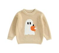 Pull d'Halloween à manches longues pour tout-petits filles et garçons avec broderie fantôme/citrouille, beige, 3-6 mois