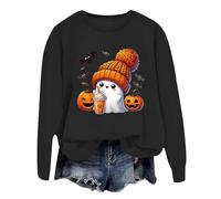 Pull d'Halloween fantôme pour femme - Imprimé graphique - Citrouille d'Halloween - Vêtements confortables à col rond - Manches longues - Hauts gothiques effrayants - Sorcière mignonne, Noir , S