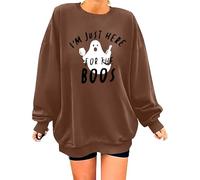Pull d'Halloween imprimé chat pour femme - Joli pull au design saisonnier, col rond doublé en polaire chaude, tenue de fête et de détente à revers à demi fermeture éclair, marron, M