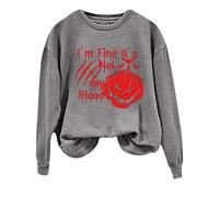 Pull d'Halloween tendance et amusant pour femme avec imprimé « I Am Fine » (alphabet, citrouille) et col rond, manches longues, pour les vacances, peignoir court, sans, Gris clair., M