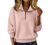 Pull d'hiver à col en V pour femme avec demi-fermeture éclair - Coupe ajustée - Chaud et épais - Pull d'hiver chaud et ample à col roulé - Rouge, rose, M