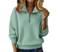 Pull d'hiver à col en V pour femme avec demi-fermeture éclair - Coupe ajustée - Chaud et épais - Pull d'hiver chaud et ample à col roulé - Rouge, vert clair, M