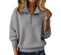 Pull d'hiver à col en V pour femme avec demi-fermeture éclair - Coupe ajustée - Chaud et épais - Pull d'hiver chaud et ample à col roulé - Rouge, gris, 3XL