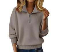 Pull d'hiver à col en V pour femme avec demi-fermeture éclair - Coupe ajustée - Chaud et épais - Pull d'hiver chaud et ample à col roulé - Rouge, kaki, XXL