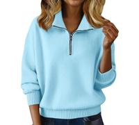 Pull d'hiver à col en V pour femme avec demi-fermeture éclair - Coupe ajustée - Chaud et épais - Pull d'hiver chaud et ample à col roulé - Rouge, bleu ciel, L