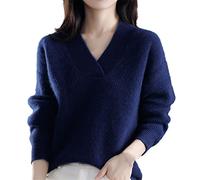 Pull d'hiver ample à manches longues en tricot solide avec col en V en cachemire épais pour femme, bleu marine, Taille Unique