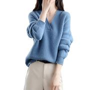Pull d'hiver ample à manches longues en tricot solide avec col en V en cachemire épais pour femme, bleu, Taille Unique