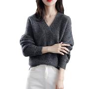 Pull d'hiver ample à manches longues en tricot solide avec col en V en cachemire épais pour femme, Gris 9., Taille Unique