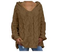 Pull d'hiver chaud pour femme de Noël 2025 - Pull à capuche surdimensionné en tricot torsadé - Col en V - Manches longues - Pull ample pour femme, café, 5XL