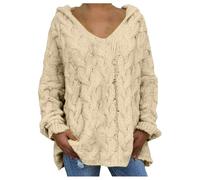 Pull d'hiver chaud pour femme de Noël 2025 - Pull à capuche surdimensionné en tricot torsadé - Col en V - Manches longues - Pull ample pour femme, beige, M