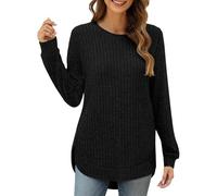 Pull d'hiver chaud pour femme - Haut de Noël tricoté 2025 - Automne et hiver - Col rond ample - Ourlet incurvé haut et bas - Pull fin pour femme, Noir , L