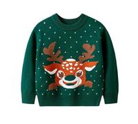 Pull d'hiver confortable pour fille avec motif de rennes de dessin animé festif, pull en tricot doux, idéal pour les tout-petits enfants pendant la période de Noël, vert, 1-2 ans