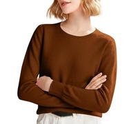 Pull d'hiver élégant à col rond en tricot pour femme Couleur unie ajustée Sweatshirt décontracté Automne Jolis chemisiers pour Noël/quotidien, marron, L