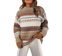 Pull d'hiver en tricot pour femme - Col rond - Manches longues - Rayé - College - Pull en tricot - Pull vintage - Pull tricoté avec motif décontracté, A - Marron, M
