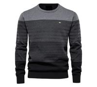 Pull d'hiver rayé pour homme - Coupe ajustée - Pull à col rond - Pull à blocs de couleurs - Pull en tricot rayé - Col rond - Manches longues - Pull fin, c-gris, XL