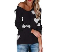 Pull d'hiver tendance pour femme avec col en V et épaules dénudées - Pull habillé décontracté en tricot avec cœur vintage - Pull de vacances, Noir , XL