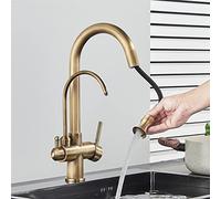 Pull Down Wasserfilterhahn - Antiker Messing Küchenmischer mit Doppelgriffen für heißes & kaltes Trinkwasser Ideal für Küchenspüle Elegantes Design langlebig & funktional.