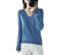 Pull en Cachemire pour Femme à Col en V - Manches Longues, Automne et Hiver, 100% Laine, Tricoté, Ample et Décontracté (Blau, L)