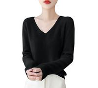 Pull en cachemire pour femme à manches longues et col en V - Pull doux en tricot chemises de couleur unie - Léger, décontracté et habillé - Dames coupe ajustée - Automne et hiver, Noir , M