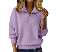 Pull en cachemire pour femme avec fermeture éclair quart de longueur, col en V, manches longues, coupe ample, pull d'hiver à fermeture éclair quart pour femme, violet clair, XL