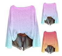 Pull en coton pour femme - Manches longues - Col rond - Y2K - Vintage - Pull en tricot pour femme - Cardigan surdimensionné - Dégradé de couleur - T-shirt à manches longues - Sweat thermique à motifs