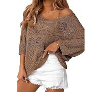 Pull en crochet pour femme - Manches 3/4 - Col en V - Épaules dénudées - En maille - Léger - Plage de sable - En tricot - Tendance - Été - Découpes - Aéré, O Marron., M