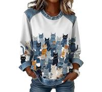 Pull en denim patchwork coupe ample à manches longues pour femme, Bleu Rose