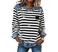 Pull en denim patchwork coupe ample à manches longues pour femme, bordeaux