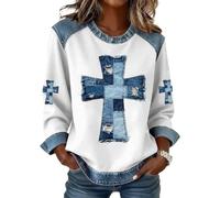 Pull en denim patchwork coupe ample à manches longues pour femme, café, XL