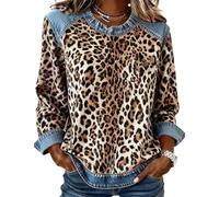 Pull en denim patchwork coupe ample à manches longues pour femme, camel, XL