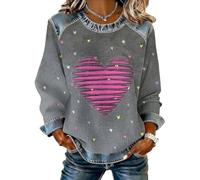 Pull en denim patchwork coupe ample à manches longues pour femme, gris, M
