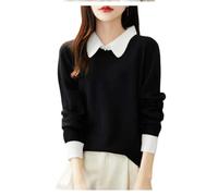 Pull en laine à manches longues pour femme - Faux contraste - Deux pièces - Poignets à revers - Chaud et doux, Noir , M