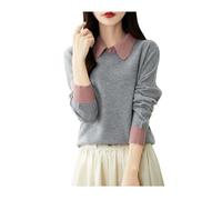Pull en laine à manches longues pour femme - Faux contraste - Deux pièces - Poignets à revers - Chaud et doux, Gris clair 9, M