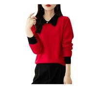 Pull en laine à manches longues pour femme - Faux contraste - Deux pièces - Poignets à revers - Chaud et doux, Rouge, XS