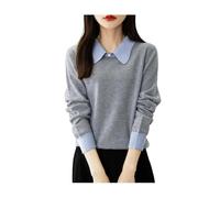 Pull en laine à manches longues pour femme - Faux contraste - Deux pièces - Poignets à revers - Chaud et doux, Gris 9., S