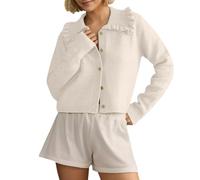 Pull en laine d'hiver jaune volants pour femme, décontracté, à revers, boutonné, à manches longues, ouvert sur le devant, pull d'hiver long, Blanc, L