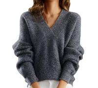 Pull en laine d'hiver long lourd uni avec col en V Cardigan élégant d'hiver, gris, L