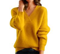 Pull en laine d'hiver long lourd uni avec col en V Cardigan élégant d'hiver, jaune, L