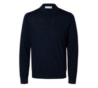 Pull en laine merinos marine uni avec une coupe droite et un col polo L