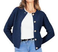 Pull en laine performance pour femme - Gilet d'hiver pour femme - Col rond - Haut tricoté rétro décontracté à simple boutonnage - Manches longues - Manteau doux et thermique, bleu marine, S