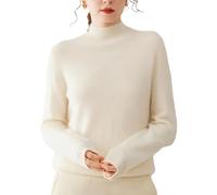 Pull en laine pour femme avec 35 % mélange de cachemire, pull en tricot sans couture de qualité supérieure, col montant, pull décontracté à manches longues en laine de cachemire, Blanc clair de lune