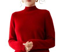 Pull en laine pour femme avec 35 % mélange de cachemire, pull en tricot sans couture de qualité supérieure, col montant, pull décontracté à manches longues en laine de cachemire, rouge corail, M-XXL