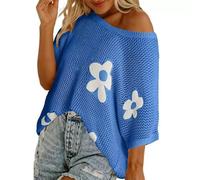 Pull en Maille Crochet Manches Courtes à Motifs Floraux 2026 Léger, Modèle Polyvalent Servant de par-Dessus de Maillot Lors de Vos Sorties au Bord de l’Eau et séjours estivaux(Blue, XL)