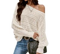 Pull en Maille crochetée pour Femme, col Bateau, épaules dénudées, Coupe Oversize, Manches Chauve-Souris, Beige, Taille S