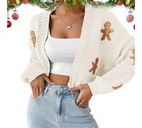 Pull en Pain d'épice pour Femmes, Pull Cardigan en Pain d'épice, Pulls Cardigan Court de noël pour Femmes, Pull de noël Mignon, Cardigan de noël Laid, Pull Court de noël (Beige,XL)