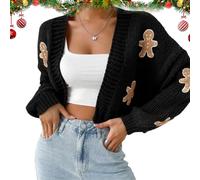 Pull en Pain d'épice pour Femmes, Pull Cardigan en Pain d'épice, Pulls Cardigan Court de noël pour Femmes, Pull de noël Mignon, Cardigan de noël Laid, Pull Court de noël (Noir,L)