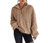 Pull en polaire à fermeture éclair quart de tour pour femme - Pull en tricot torsadé - Pull sherpa confortable et pelucheux - Sweat tendance 2025, kaki, S